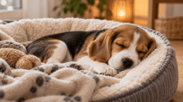 How Much Do Puppies Sleep? Age-by-Age Guide & Warning Signs Young Beagle puppy sleeping peacefully in a cosy dog bed with soft blankets.