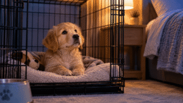Puppy Crying in Crate at Night: What to Do Tonight Golden Retriever puppy looking unsettled inside a comfortable crate beside its owner's bed at night.
