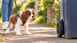 Puppy Fear Periods: Ages, Signs & What to Do Cavalier King Charles Spaniel puppy cautiously looking at a wheelie bin during a walk