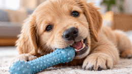When Do Puppies Lose Their Teeth? Timeline & Warning Signs Golden Retriever puppy chewing a blue rubber teething toy with its small teeth and gums visible.